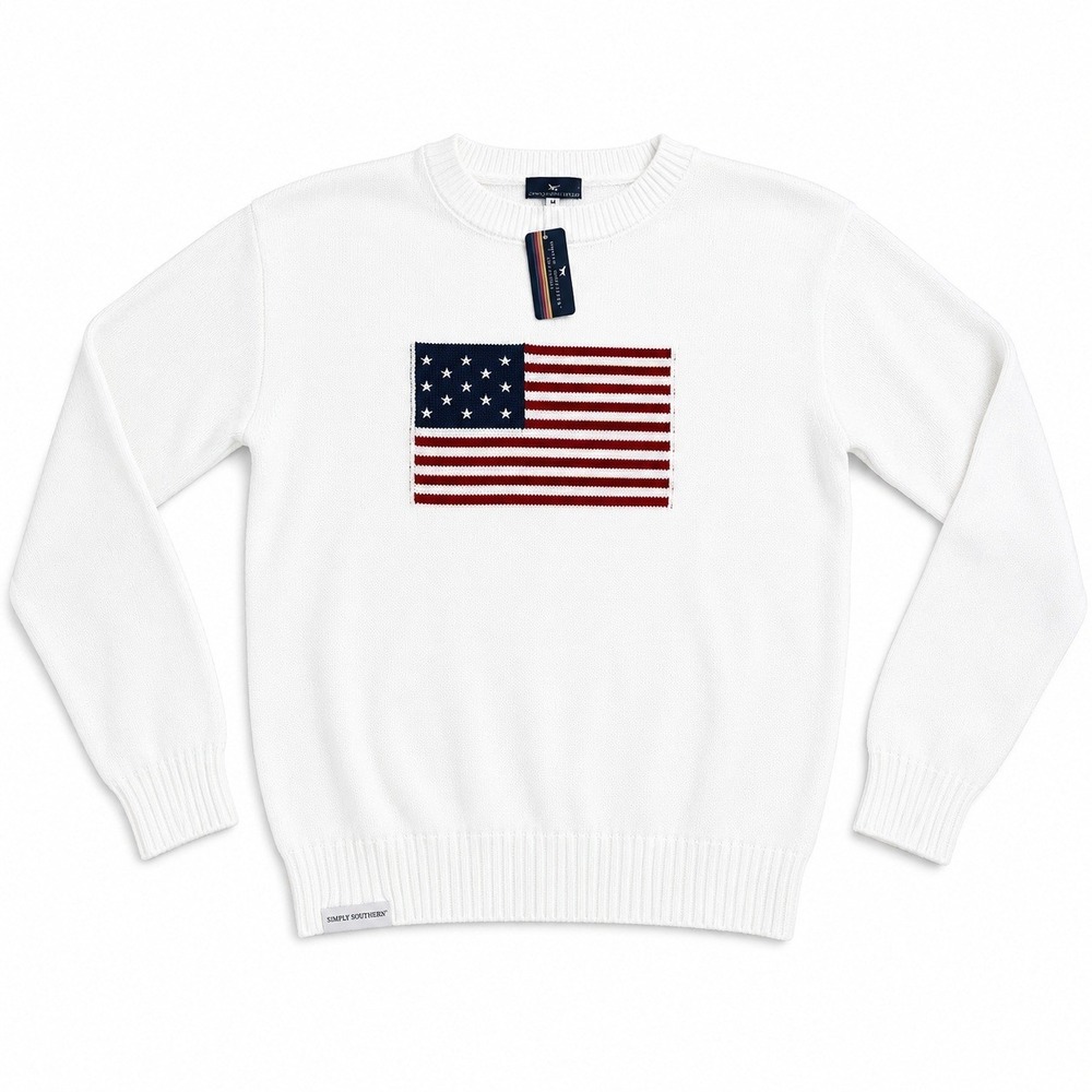 Simply Southern American Flag Knit Sweater White Patriotic Crewneck NEW